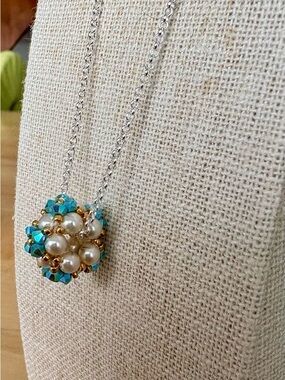 Handcrafted Turquoise & Pearl Cluster Pendant On Solid Sterling Chain Necklace